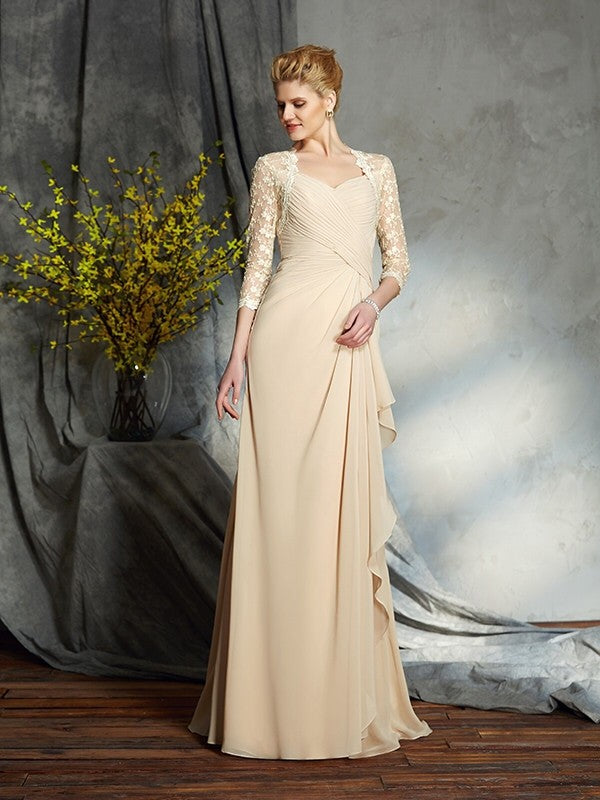 Robe de mère de la mariée longue en mousseline de soie et dentelle à manches 3/4